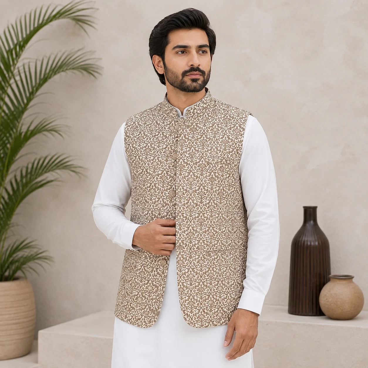 Beige Jamawar Wedding Waist Coat Men