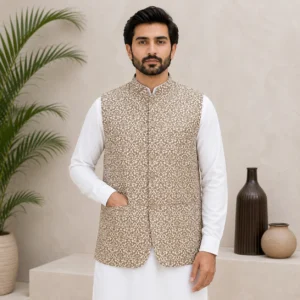 Beige Jamawar Wedding Waist Coat Men