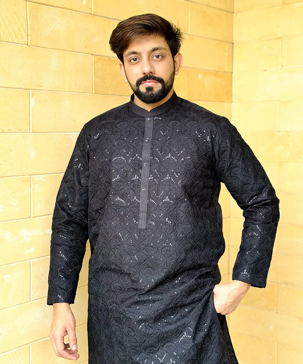 Black Raw Silk mens kurta for wedding