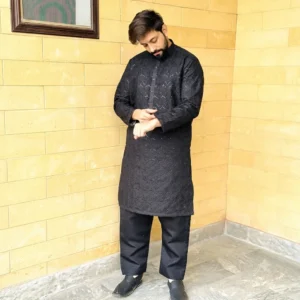 Black Raw Silk mens kurta for wedding