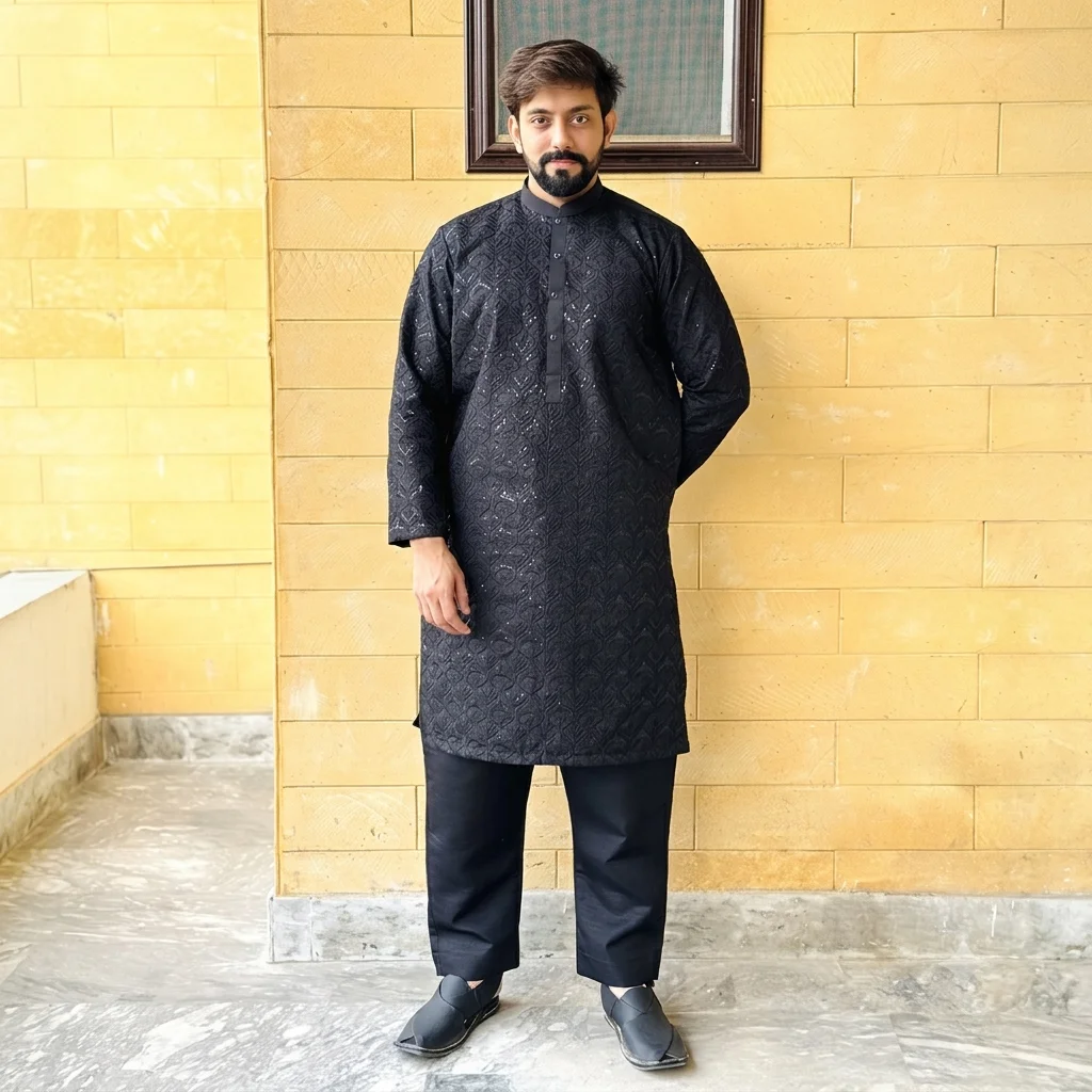 Black Raw Silk mens kurta for wedding