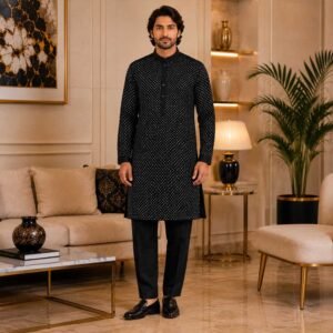 Black Raw Silk Mens Wedding Wear Kurta