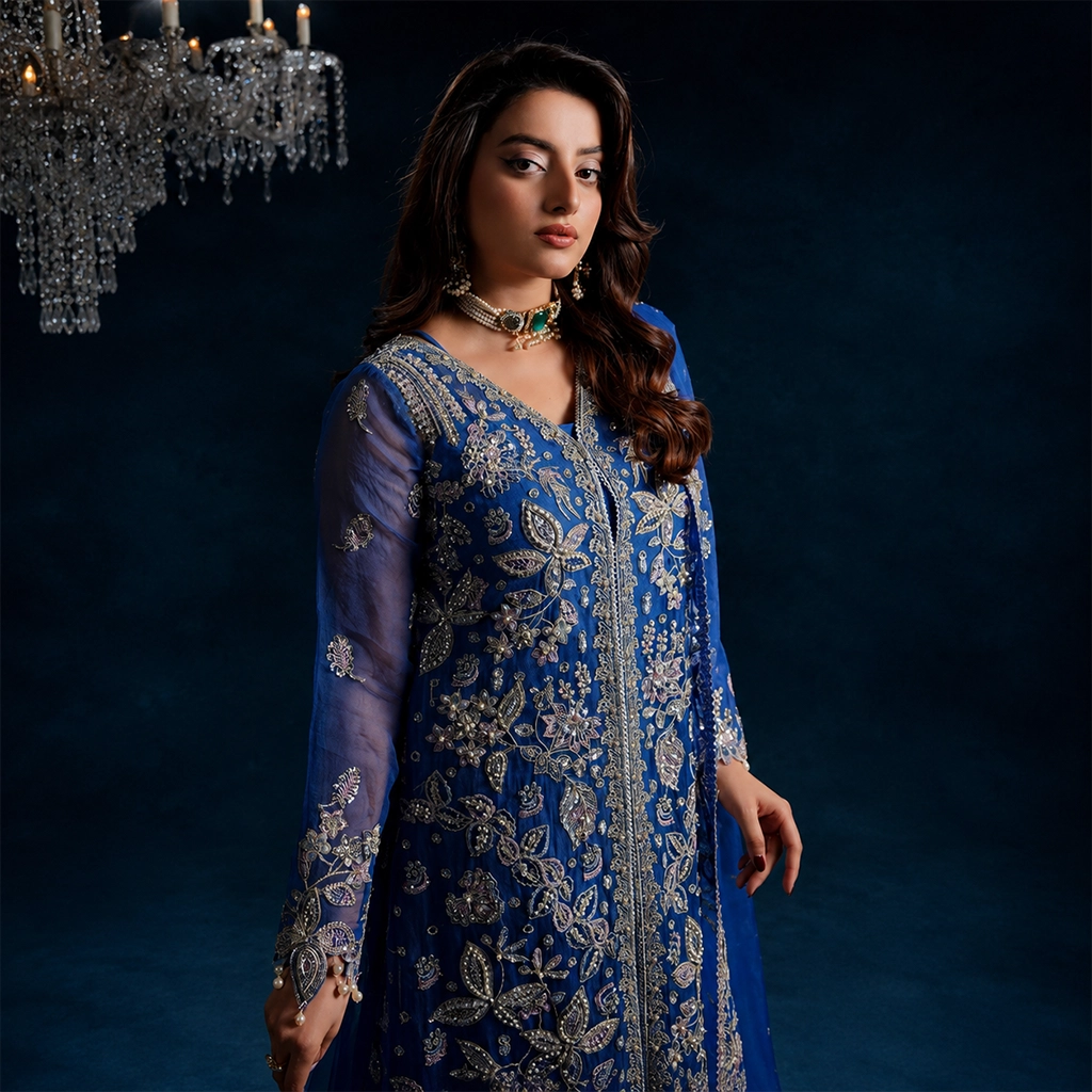 Blue Organza party wear pakistani suits