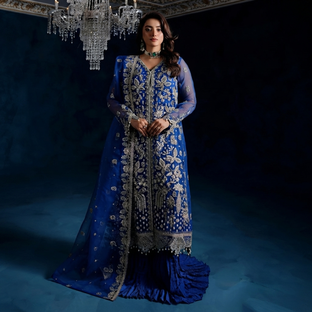 Blue Organza party wear pakistani suits