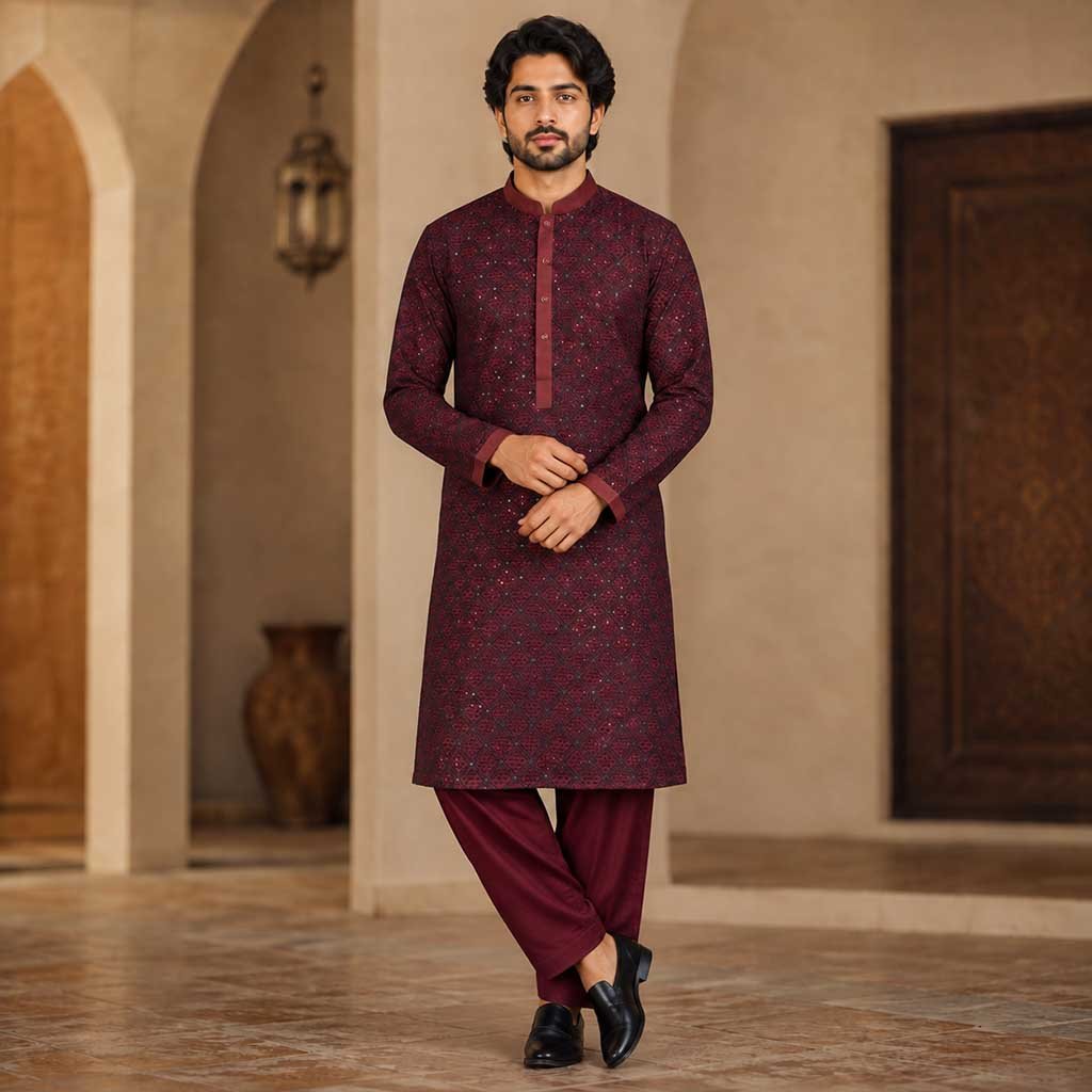 Burgundy raw silk kurta salwar for wedding