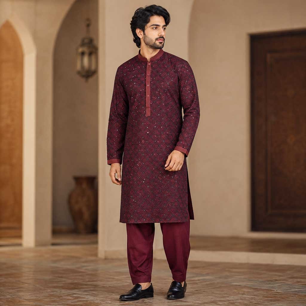 Burgundy raw silk kurta salwar for wedding