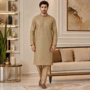 Champagne Gold raw silk mens kurta for wedding