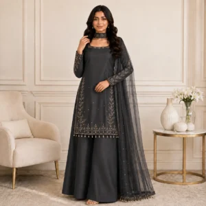 Charcoal Hand-Embellished Pakistani Silk Suits UK