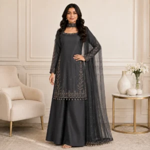 Charcoal Hand-Embellished Pakistani Silk Suits UK