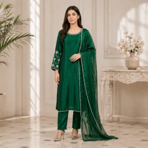 Green Hand-Embellished Pakistani Silk Suit UK