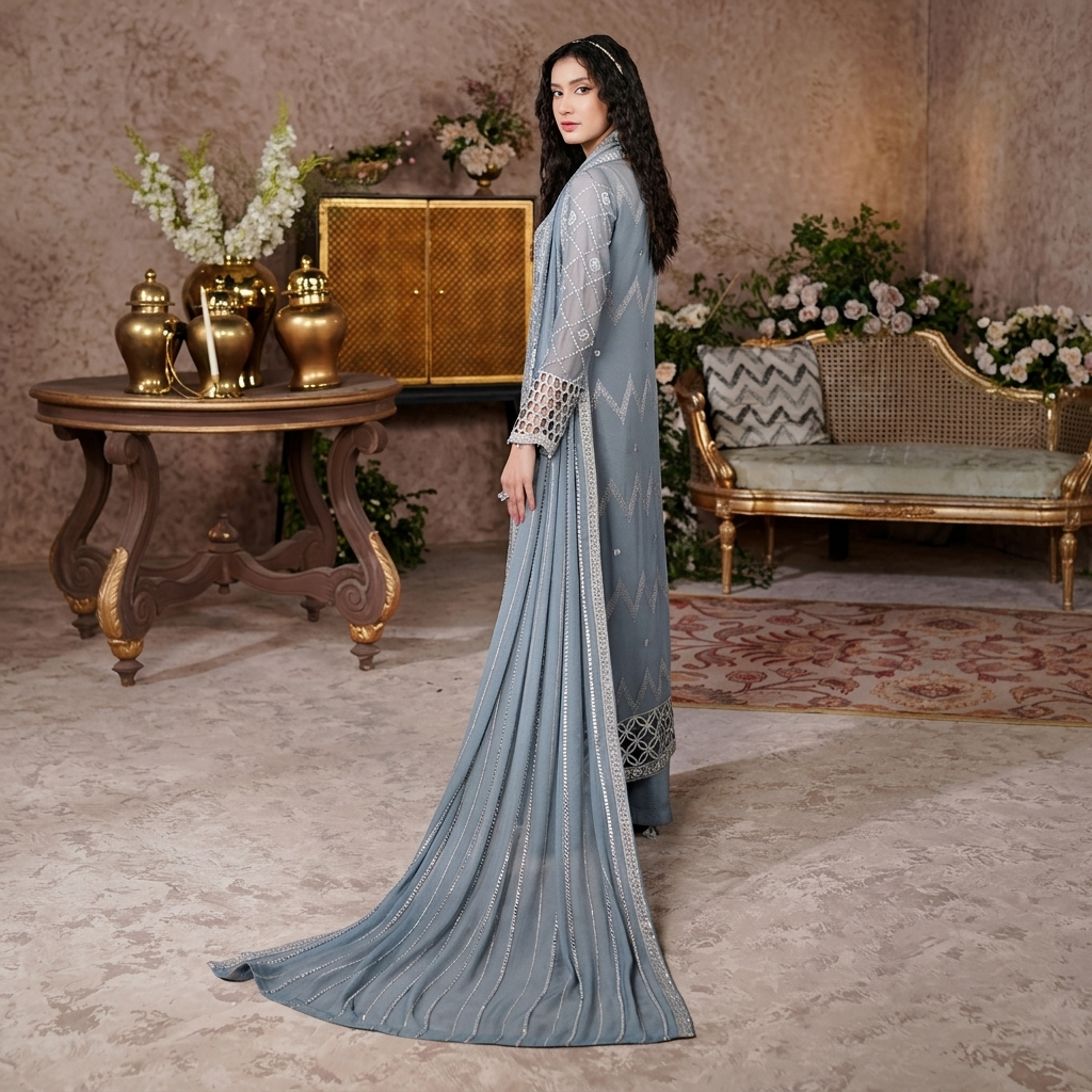 Cool Grey Chiffon Pakistani Party Wear Suits