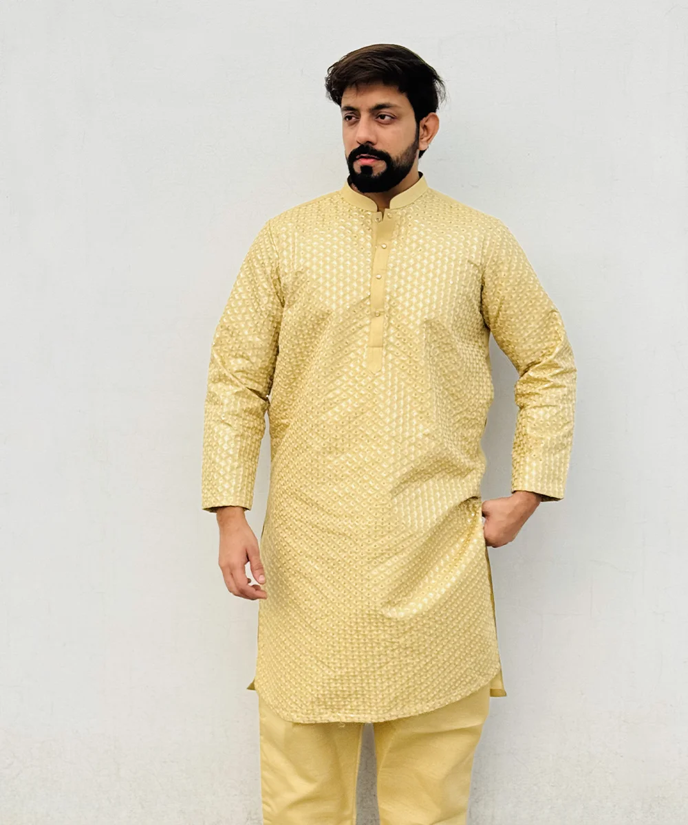 Creamy Gold Raw Silk Mens Kurta for Wedding - Image 3