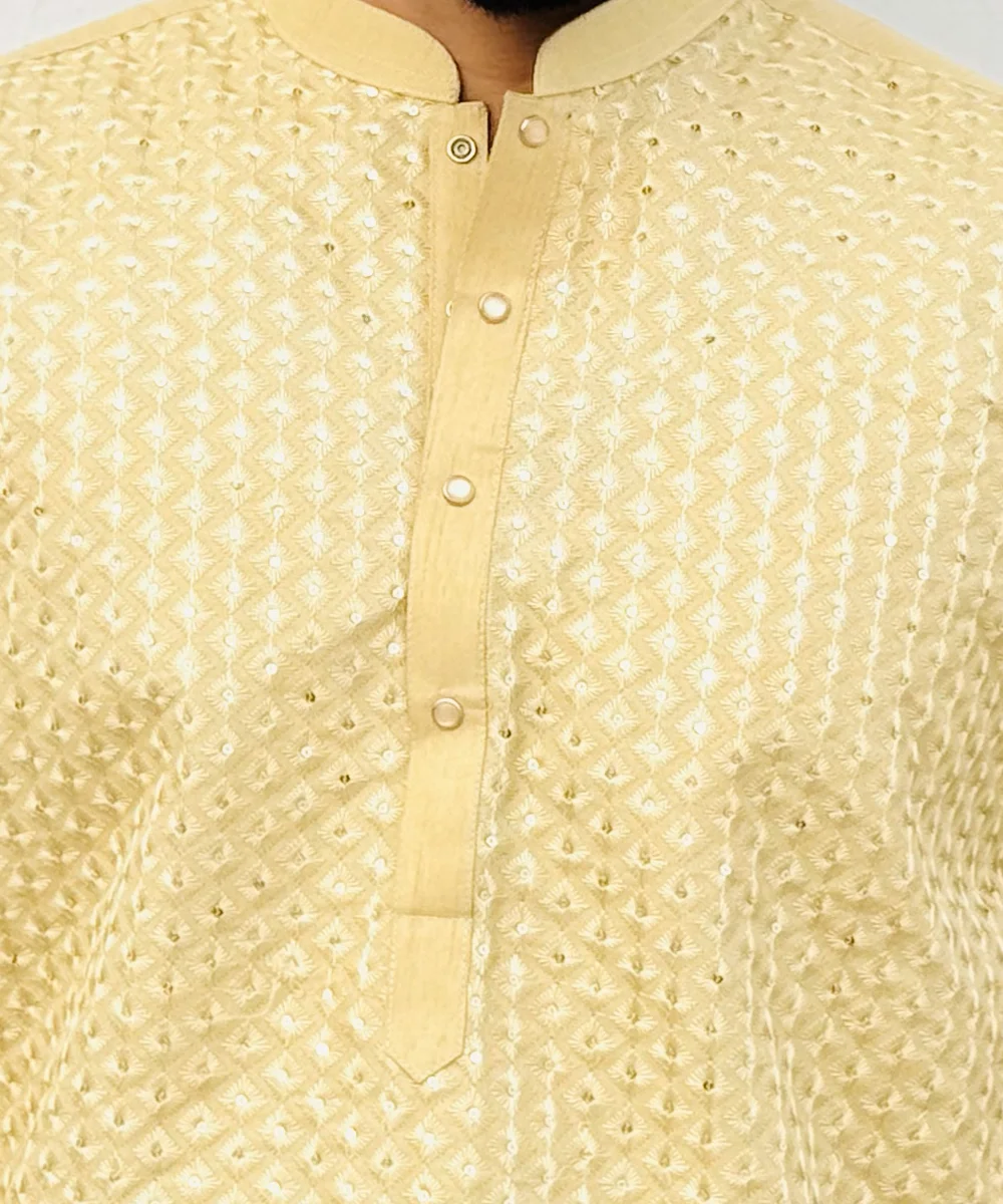Creamy Gold Raw Silk Mens Kurta for Wedding - Image 4