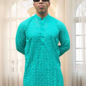 Cyan Chikankari mens wedding wear kurta