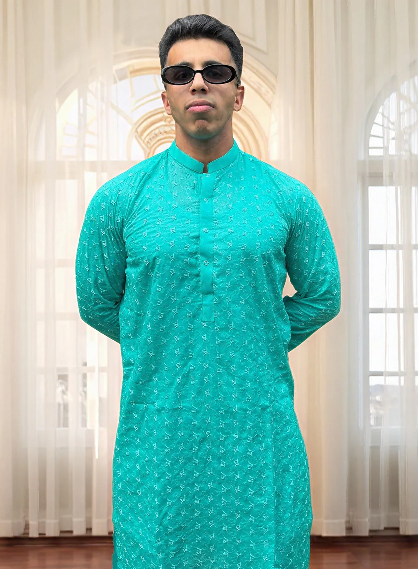 Cyan Chikankari mens wedding wear kurta