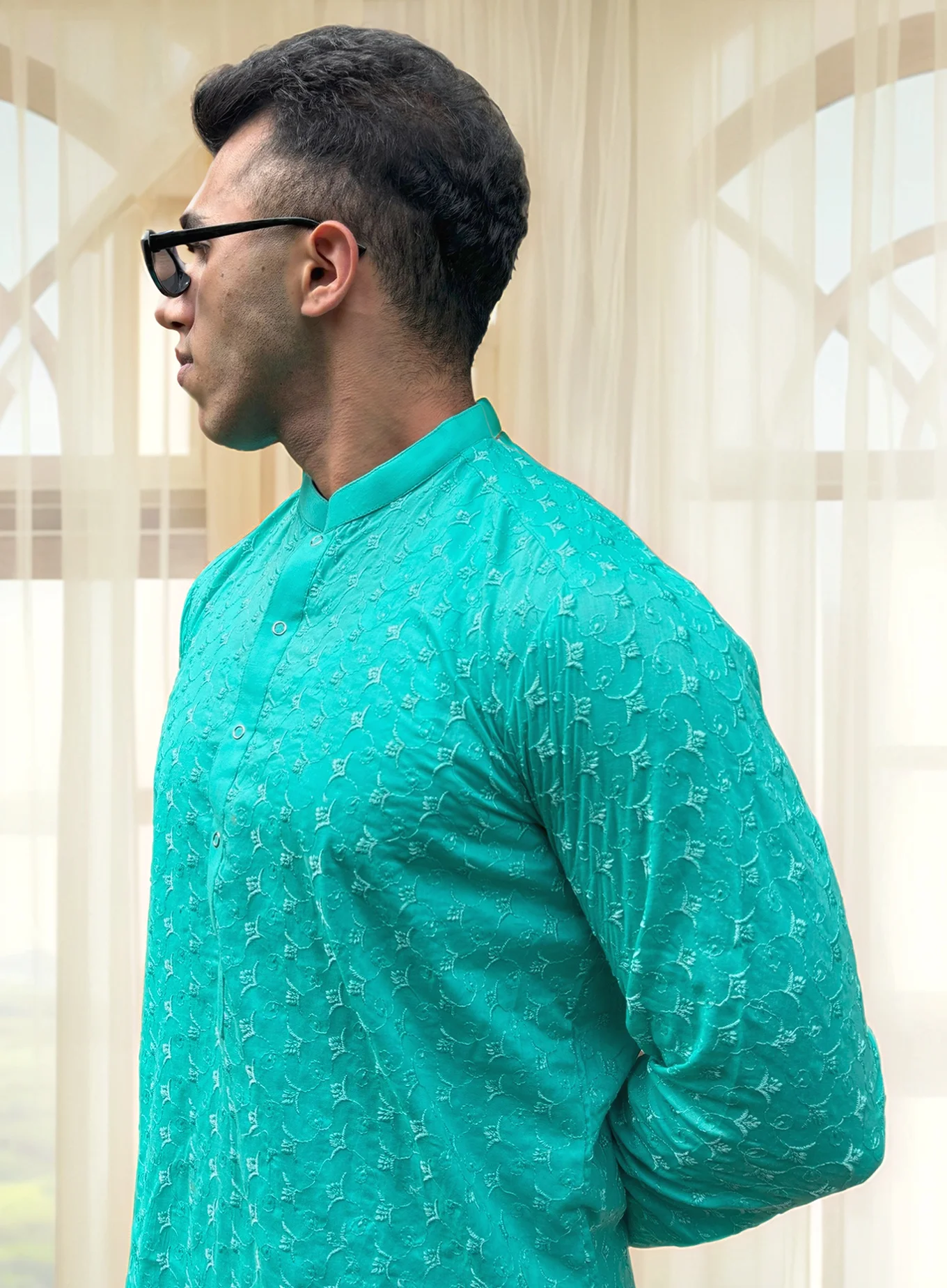 Cyan Chikankari mens wedding wear kurta