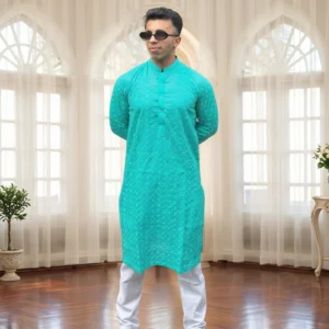 Cyan Chikankari mens wedding wear kurta