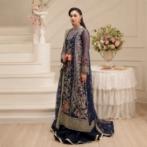 Dark Blue Organza Party Wear Dresses Pakistani