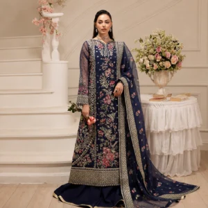 Dark Blue Organza Party Wear Dresses Pakistani