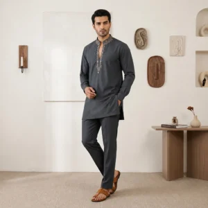 Dark Gray Zari Detailed wedding kurta for men