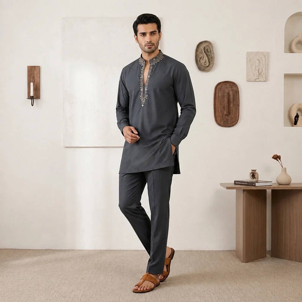 Dark Gray Zari Detailed wedding kurta for men