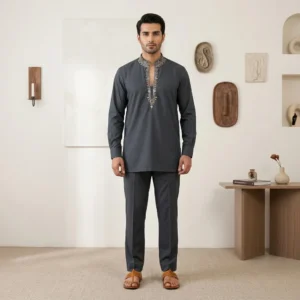 Dark Gray Zari Detailed wedding kurta for men