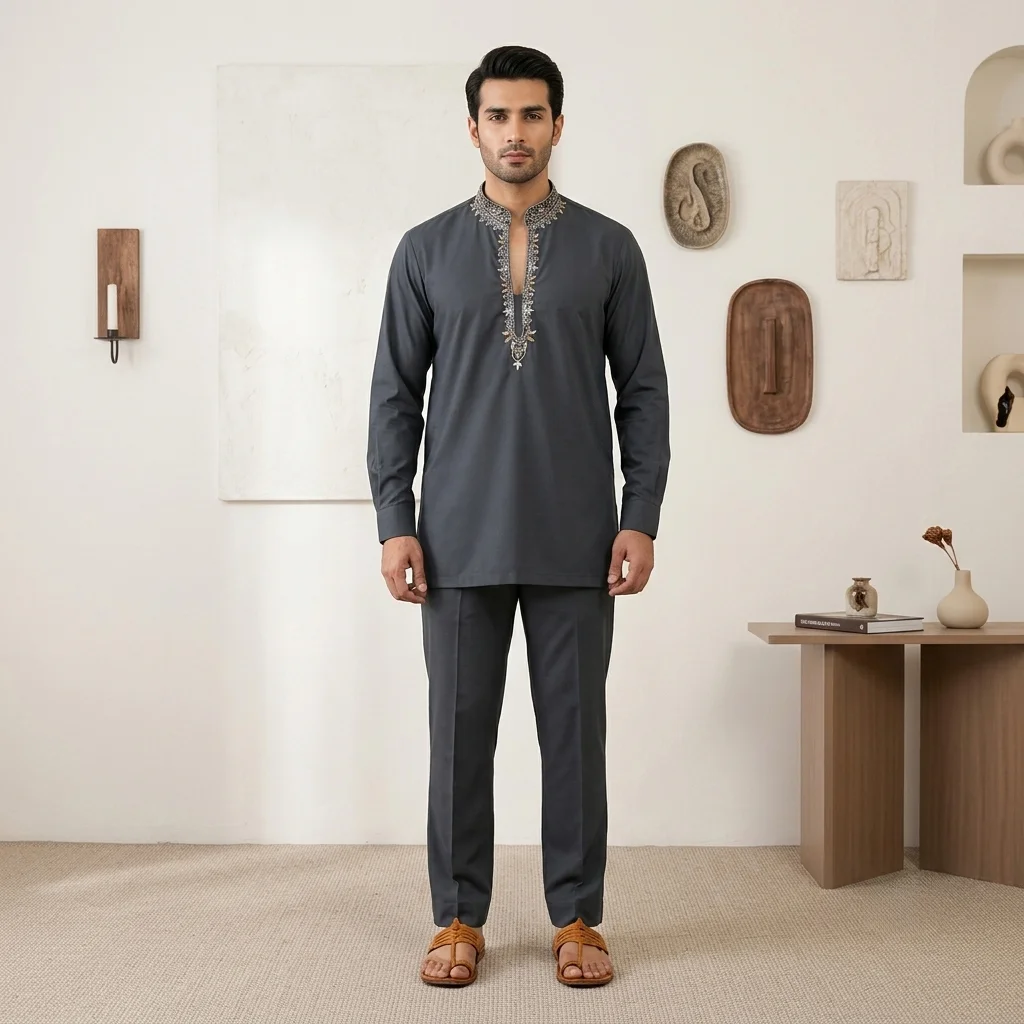 Dark Gray Zari Detailed wedding kurta for men