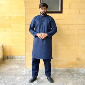 Dark gray Blue raw silk mens kurta wedding