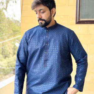 Dark gray Blue raw silk mens kurta wedding