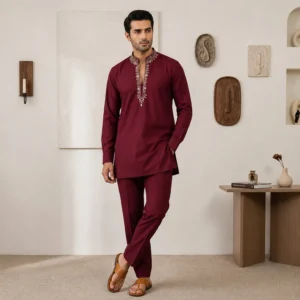 Deep Maroon Zari Detailed Mens Kurta for Wedding