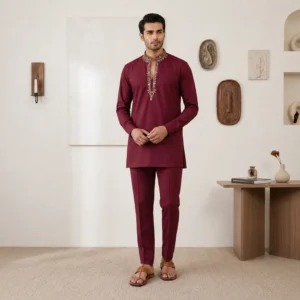 Deep Maroon Zari Detailed Mens Kurta for Wedding