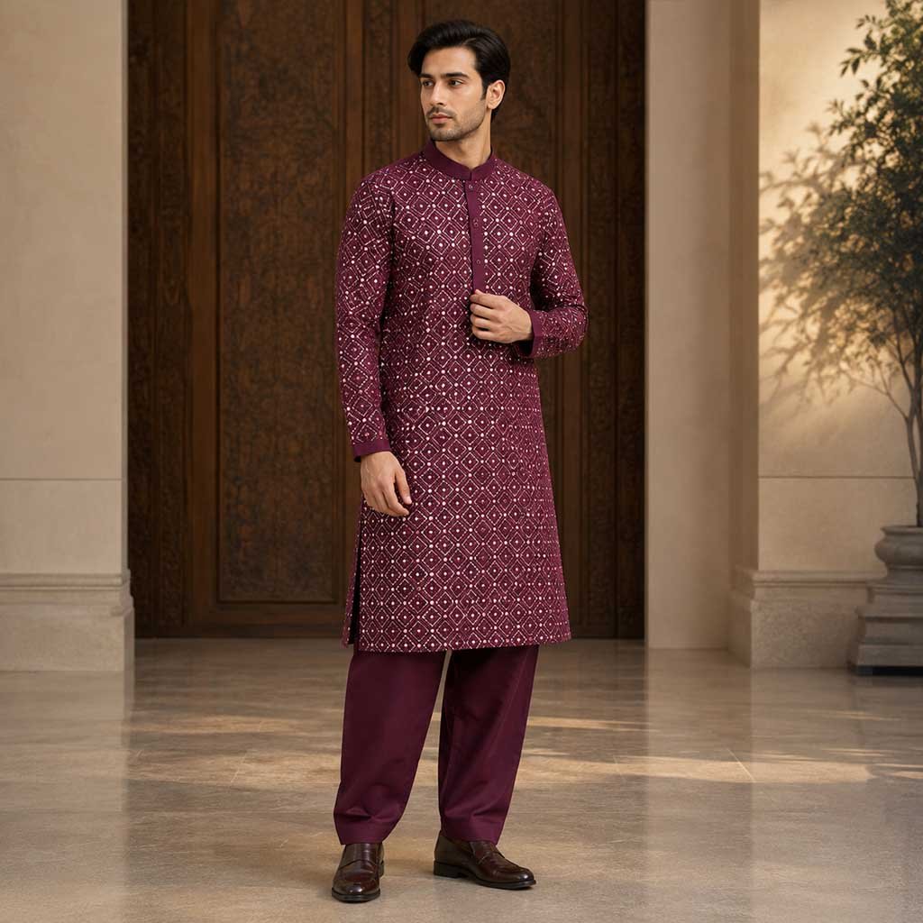 Deep Plum raw silk mens wedding wear kurta