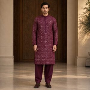 Deep Plum raw silk mens wedding wear kurta