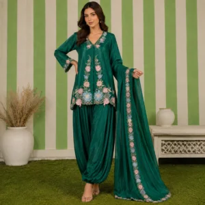 Emerald Green Embroidered Pakistani Silk Suits UK