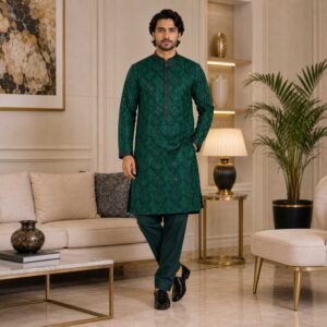 Emerald Green Raw Silk Marriage Kurta for Men