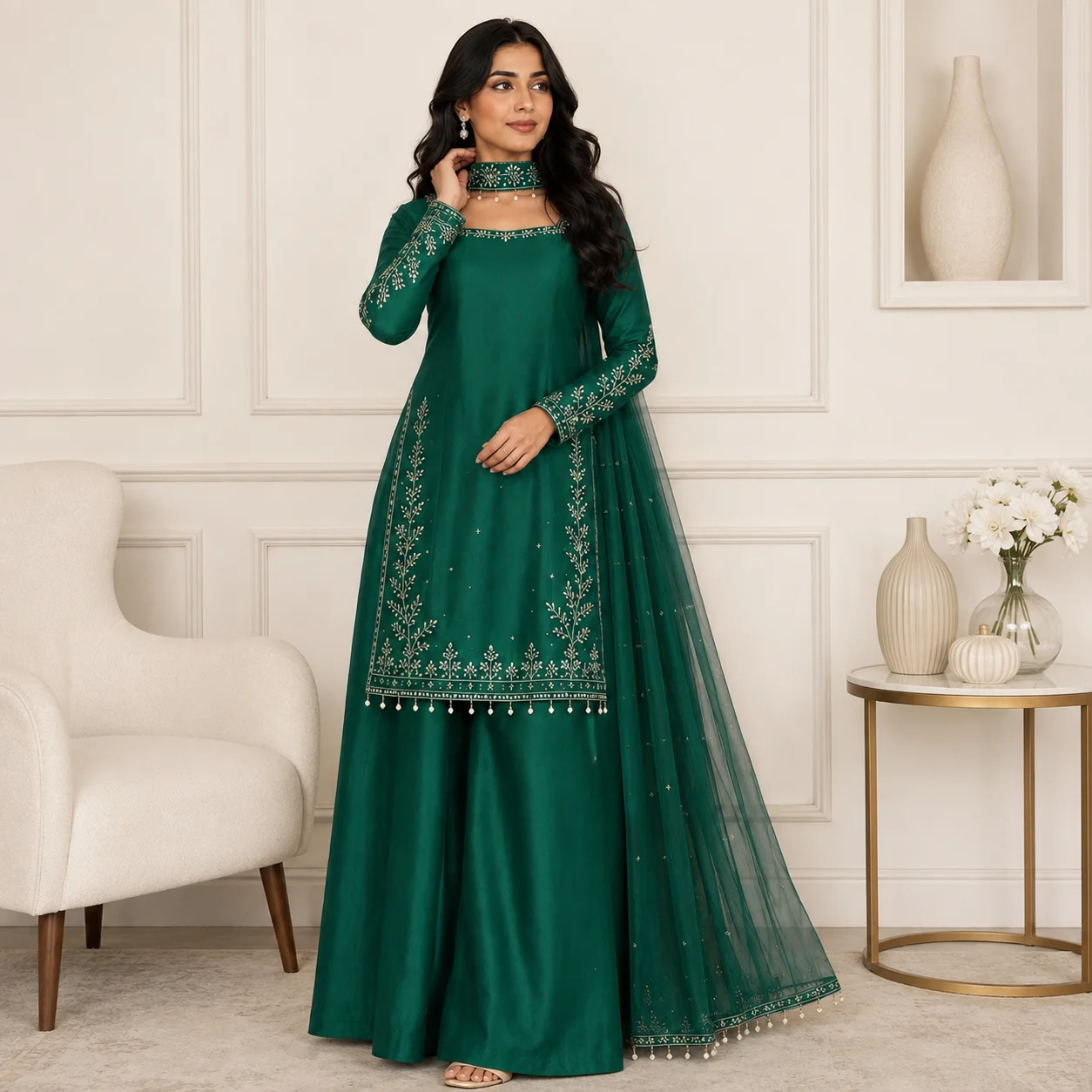 Emerald Green Hand-Embellished Pakistani Silk Suits