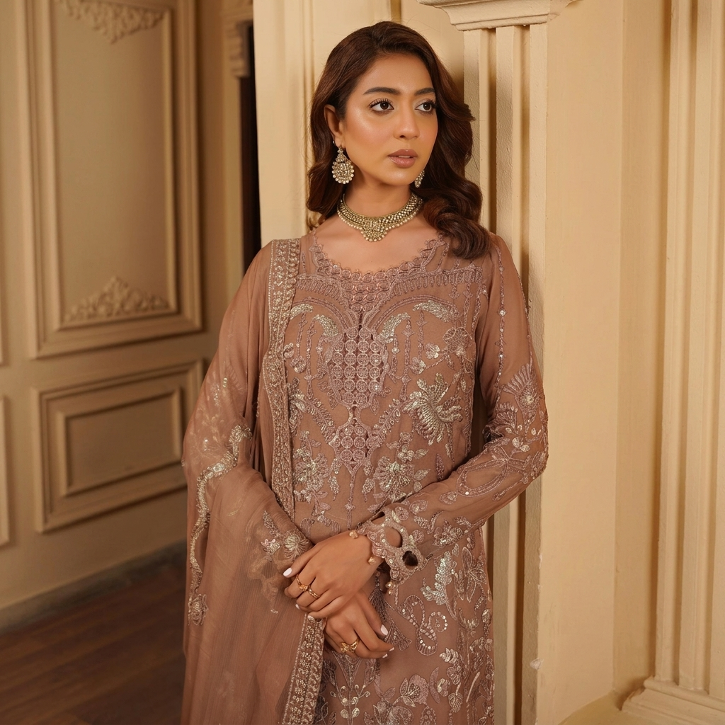 French Beige Chiffon Pakistani Party Wear Suits