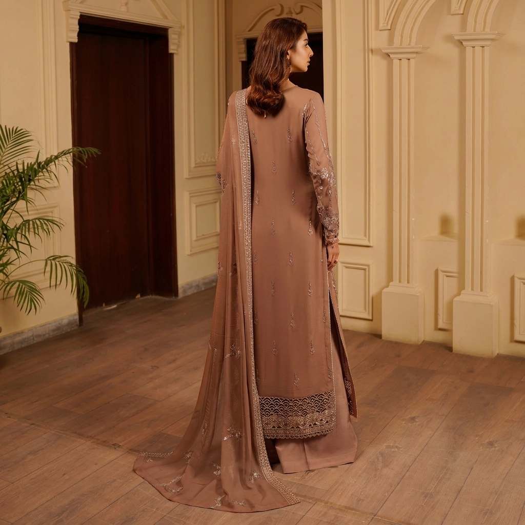 French Beige Chiffon Pakistani Party Wear Suits