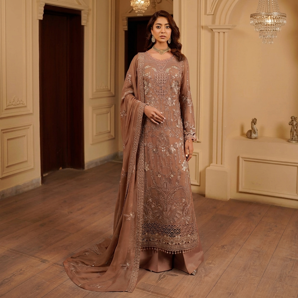French Beige Chiffon Pakistani Party Wear Suits