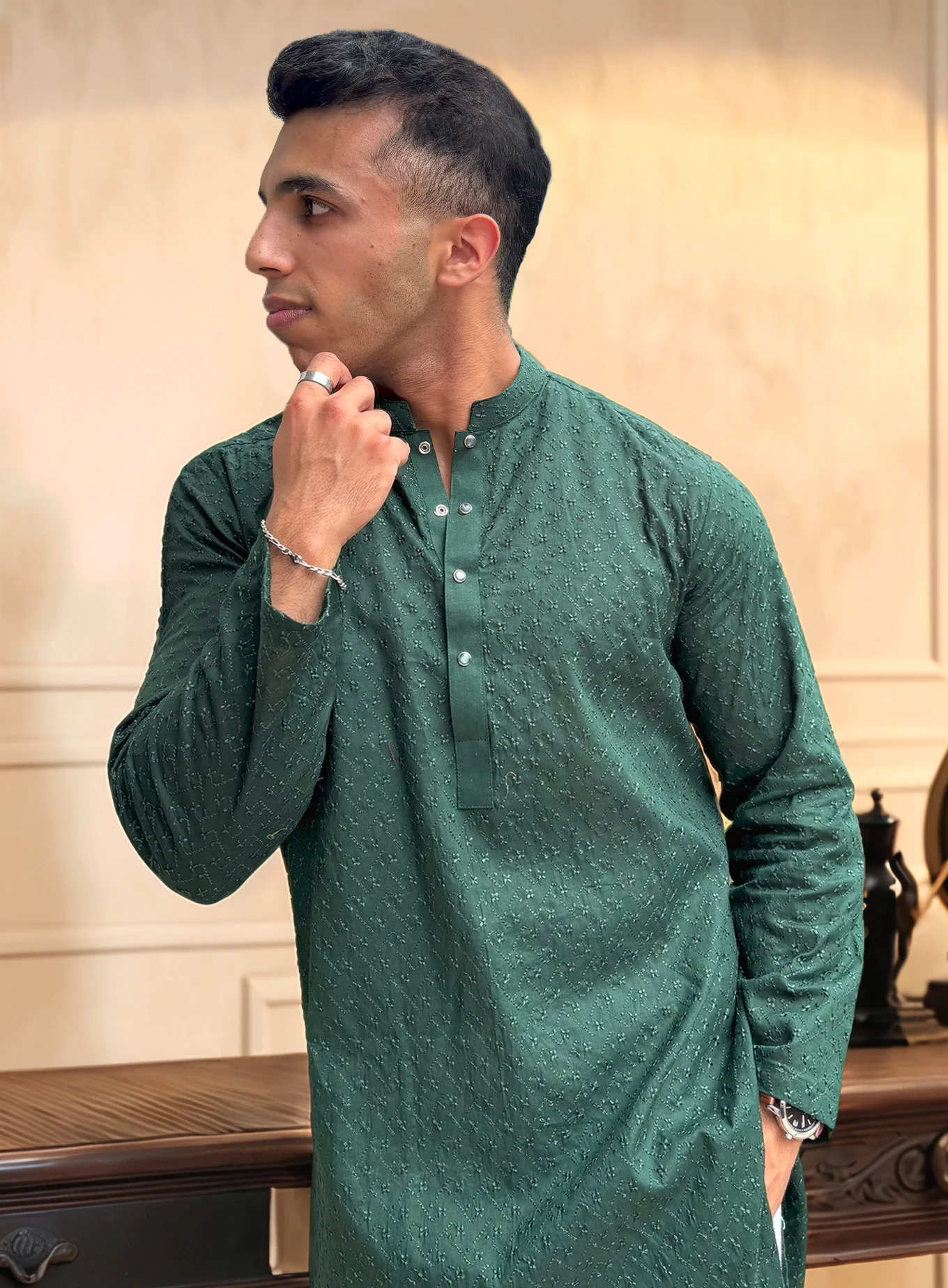 Green Chikankari mens kurta for wedding