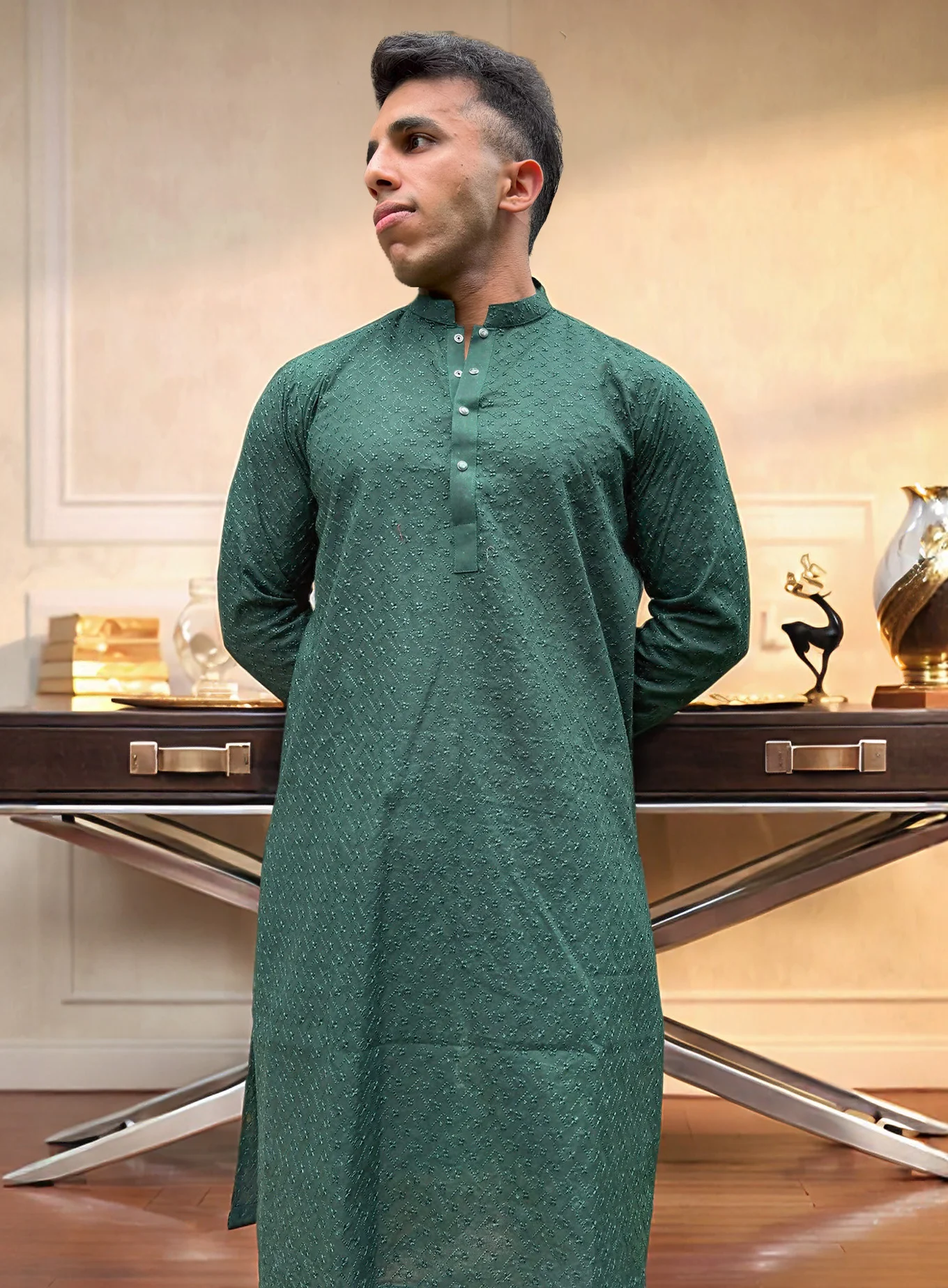 Green Chikankari mens kurta for wedding