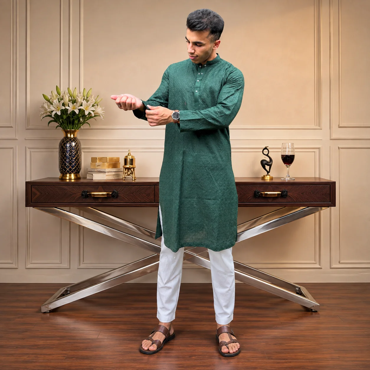 Green Chikankari mens kurta for wedding