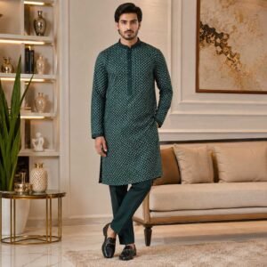 Green raw silk marriage kurta for men