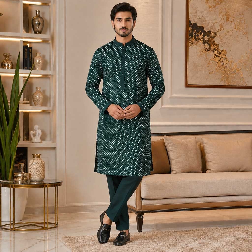 Green raw silk marriage kurta for men