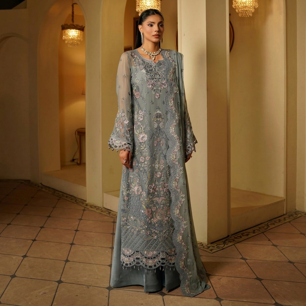 Grey Chiffon pakistani party wear