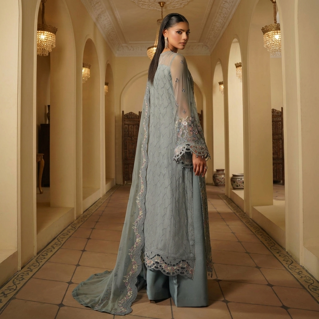Grey Chiffon pakistani party wear