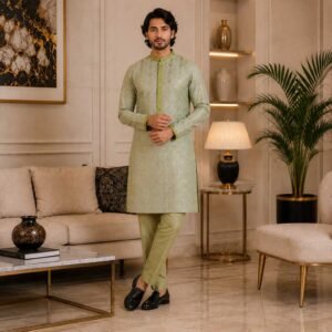 Grey Olive Raw Silk wedding kurta for men