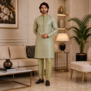 Grey Olive Raw Silk wedding kurta for men