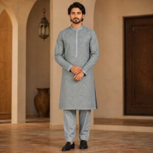 Grey Raw Silk Wedding Kurta for Men