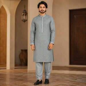 Grey Raw Silk Wedding Kurta for Men